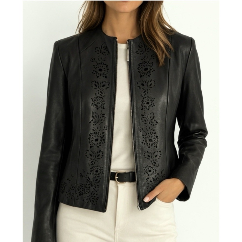 Preston and York Women's Genuine Lambskin Leather Jacket Black Large Cutouts
